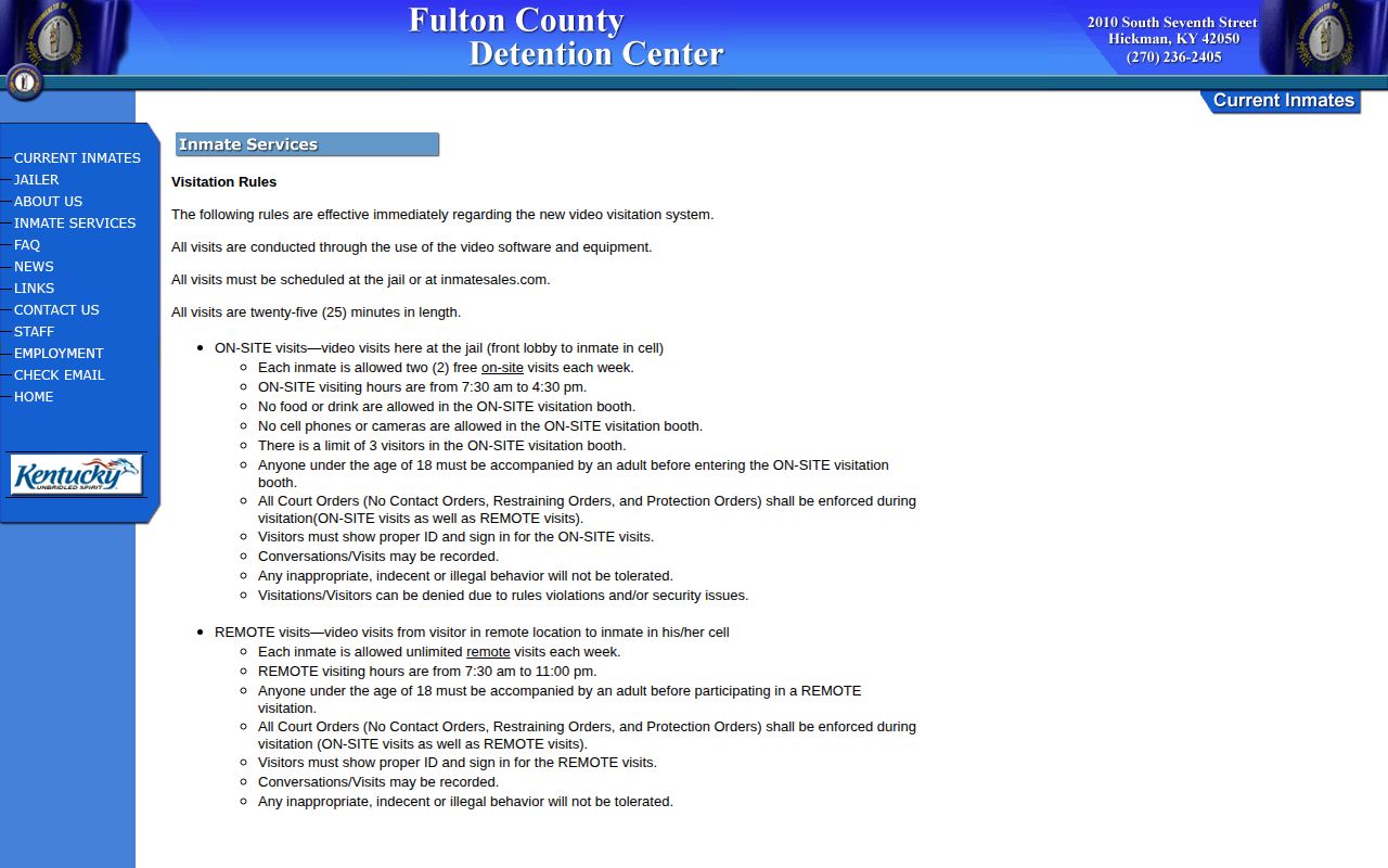 Captured Fulton County Detention Center inmate-services page showing no verified Hickman County multi-day arrest feed