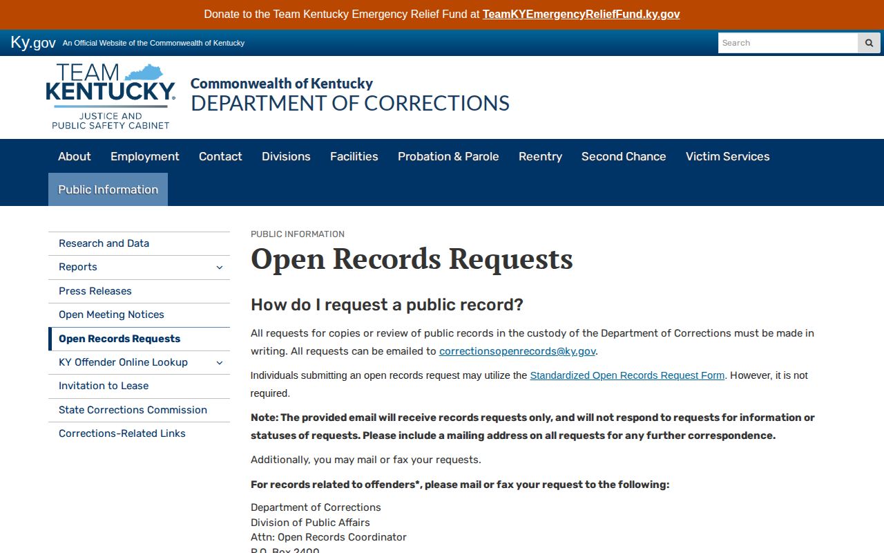 Kentucky Department of Corrections open records request guidance