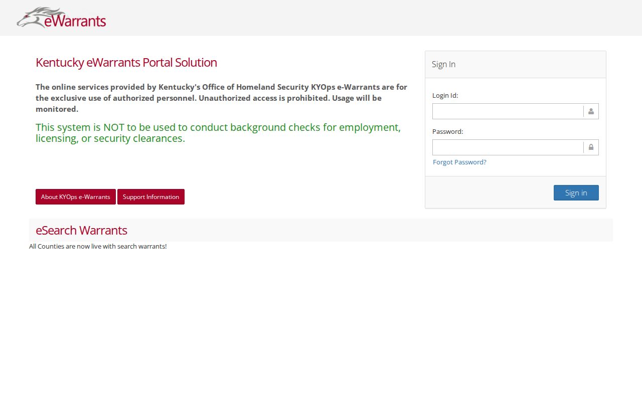 Kentucky eWarrants restricted authorized-user login page